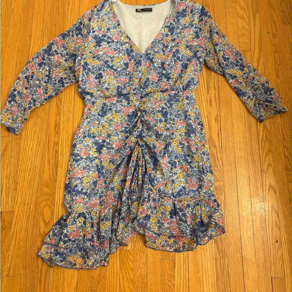 Zara Blue Floral Long-Sleeve Wrap Dress with Pink & Yellow Accents